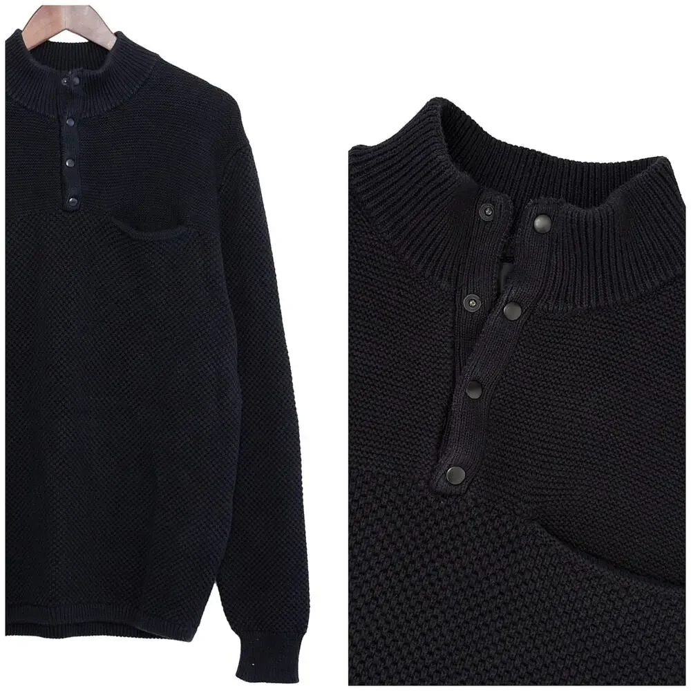 J.Crew Seed Stitch Sweater Men L Black Cotton Snap Mock Neck Pullover Preppy